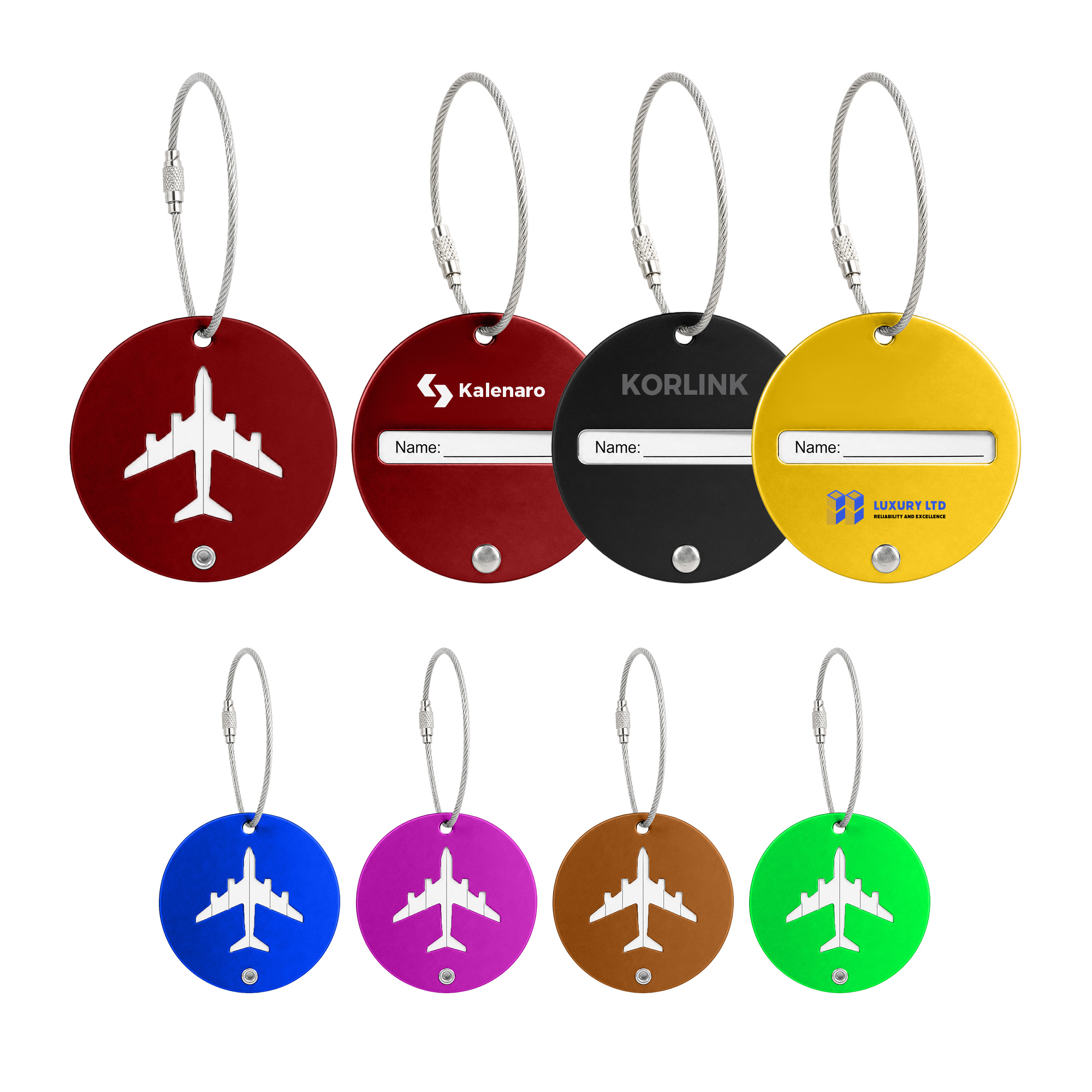 Plane Round Wire Cable Luggage Tag – Misc Outdoors – Promocollection – available in Black, Blue, Brown, Deep red and 4 more