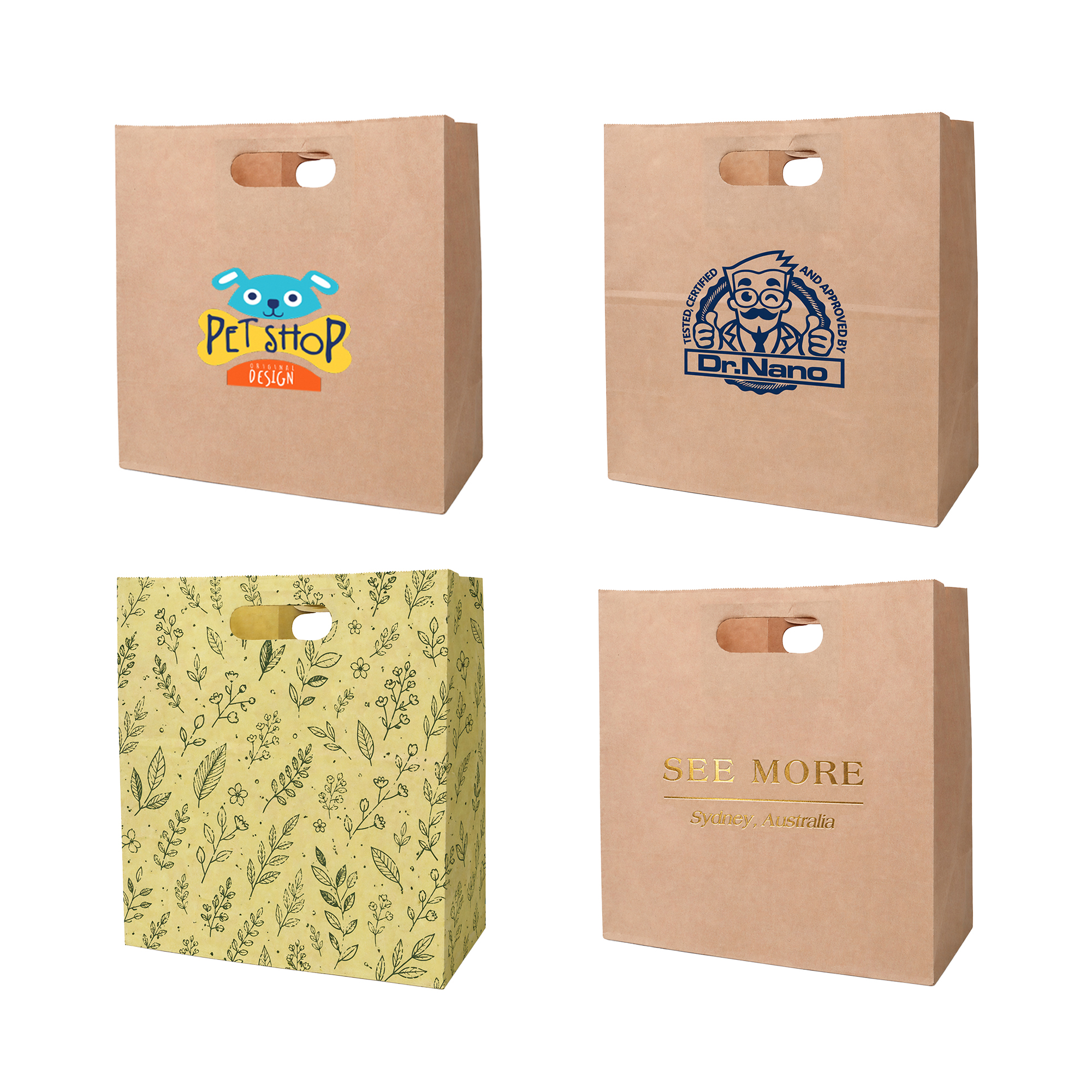 Die Cut Brown Kraft Paper Bag (280 x 280 x 150mm) – Paper Bags – Promocollection – available in Full Colour
