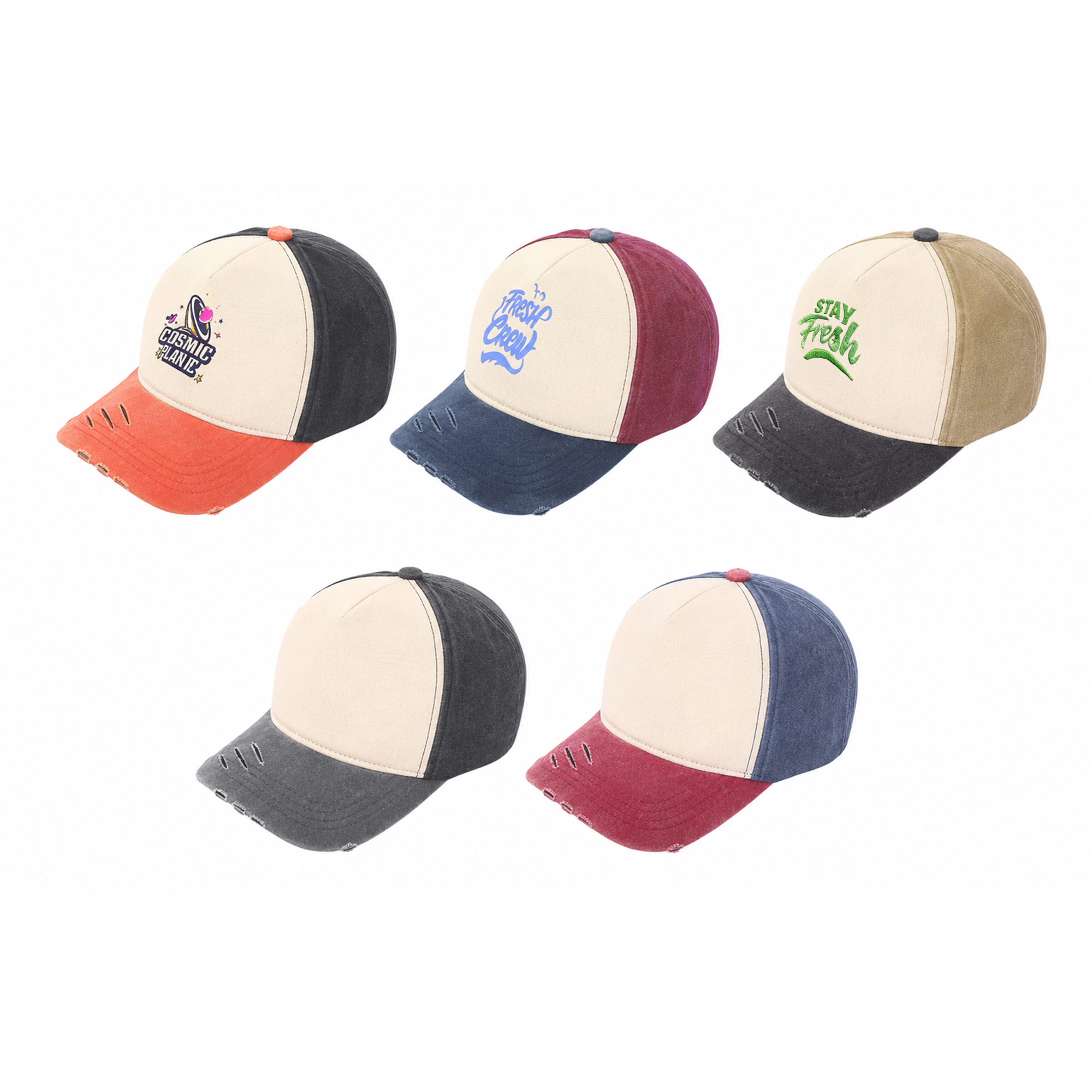 5 Panel Distressed Cotton Baseball Cap – Baseball Caps – Promocollection – available in Black - khaki, Navy blue - red, Orange - black