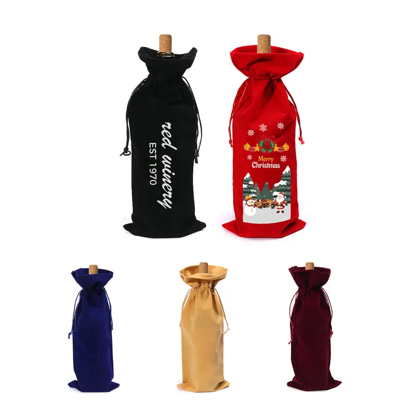 Drawstring Velvet Wine Bottle Bag – Drawstring Bags – available in beige, black, blue, red colours