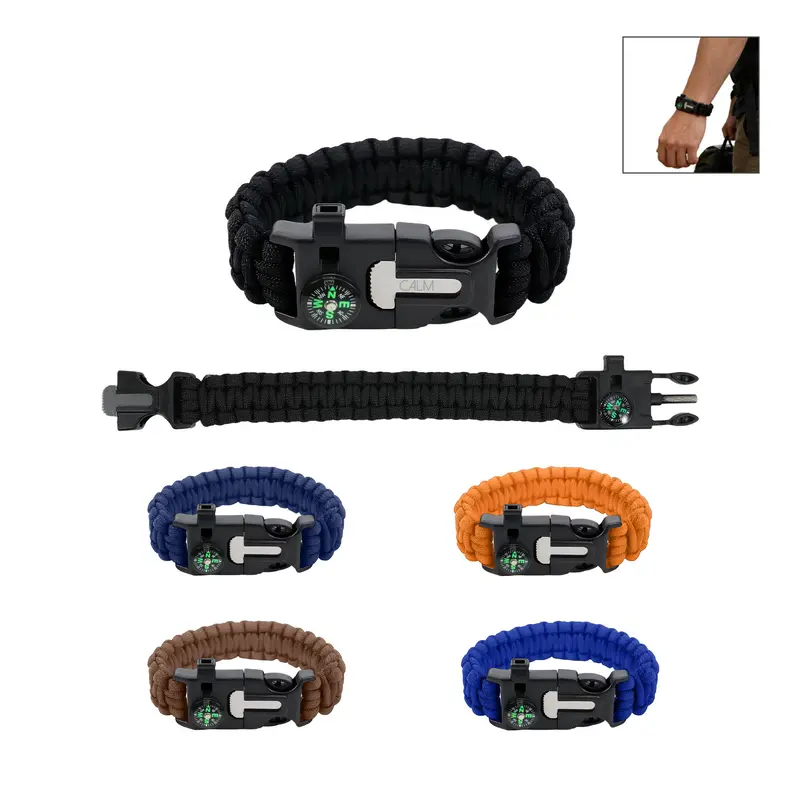 5 in 1 Survival Bracelet – Misc Outdoors – available in black, blue, brown, orange colours