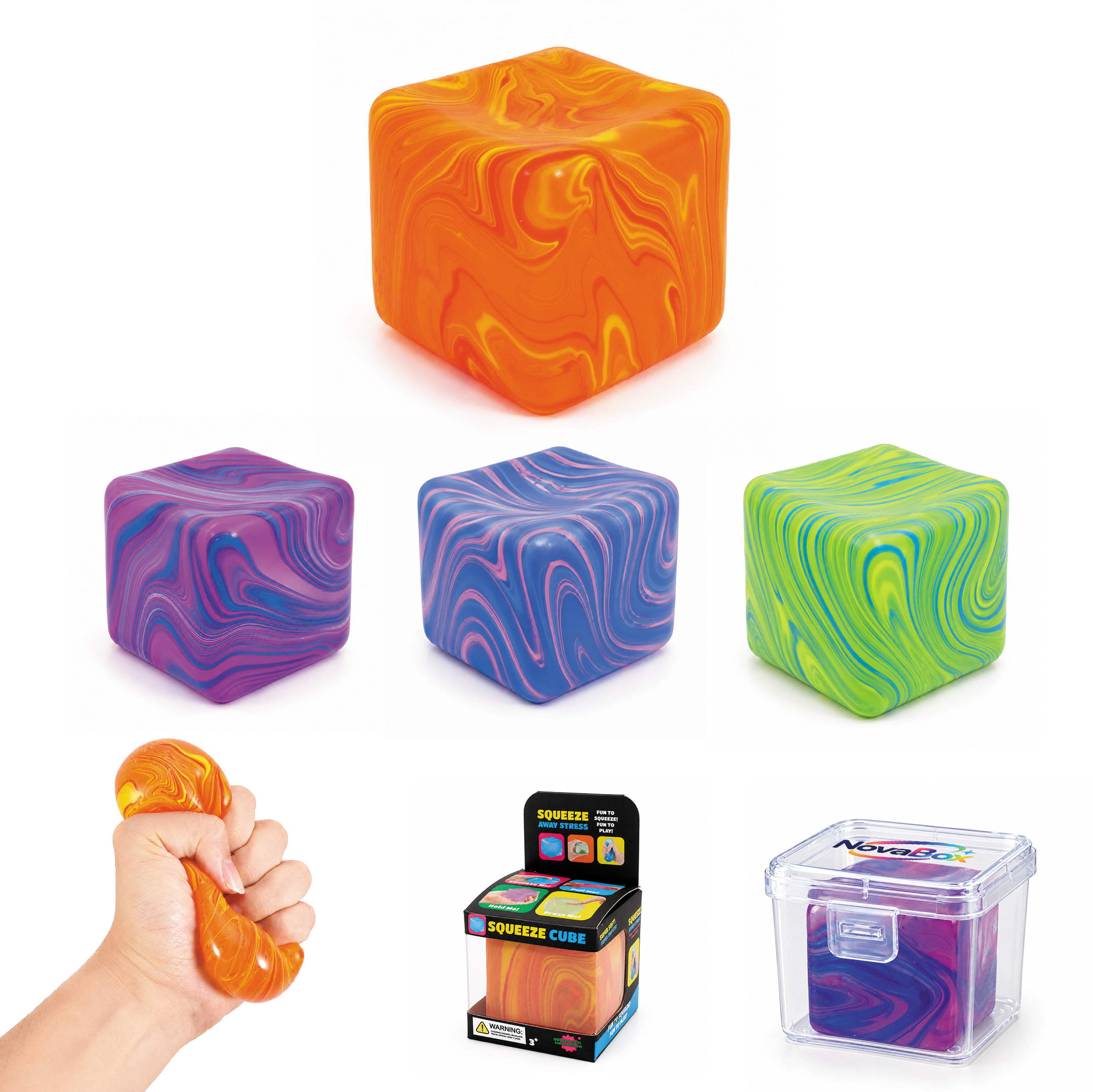 Squishy Stress Relief Colourful Cube – Stress Shapes – available in blue, green, orange, purple colours