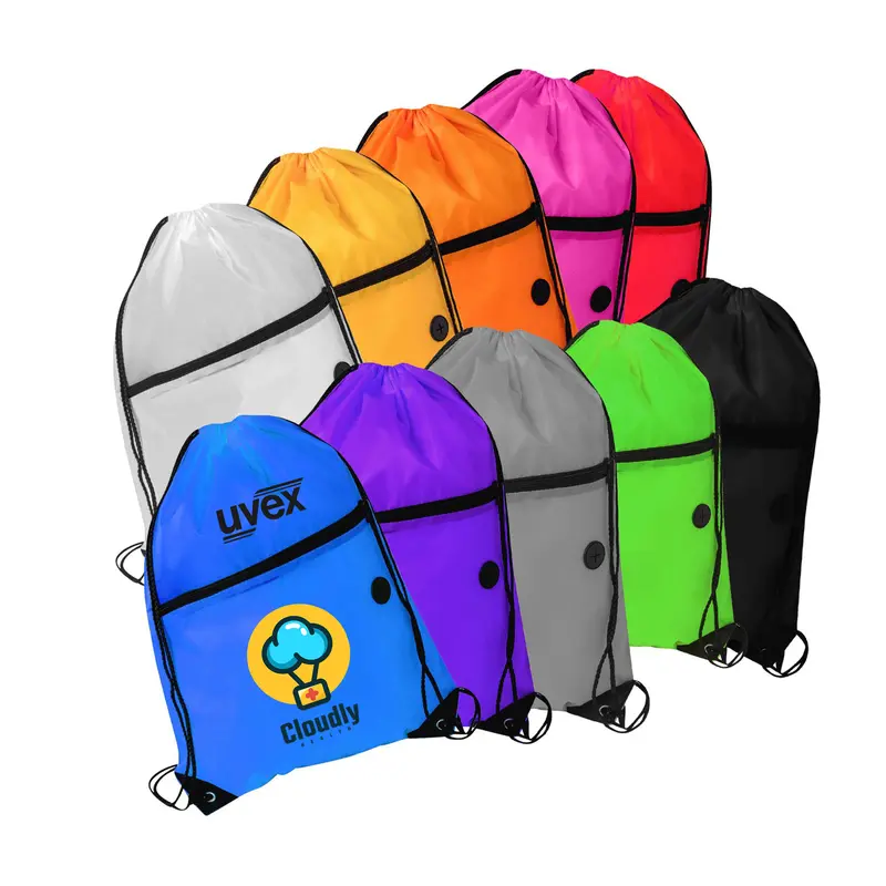 Polyester Drawstring Bag with Zippered Pocket – Drawstring Bags – available in black, blue, green, grey colours and 6 more