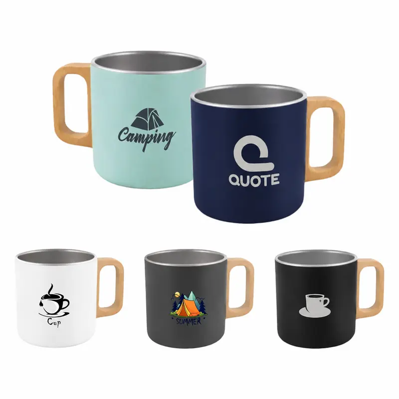 400ML Stainless Steel Insulated Mug with Wooden Handle – Travel Mugs – available in black, blue, green, grey colours and 1 more