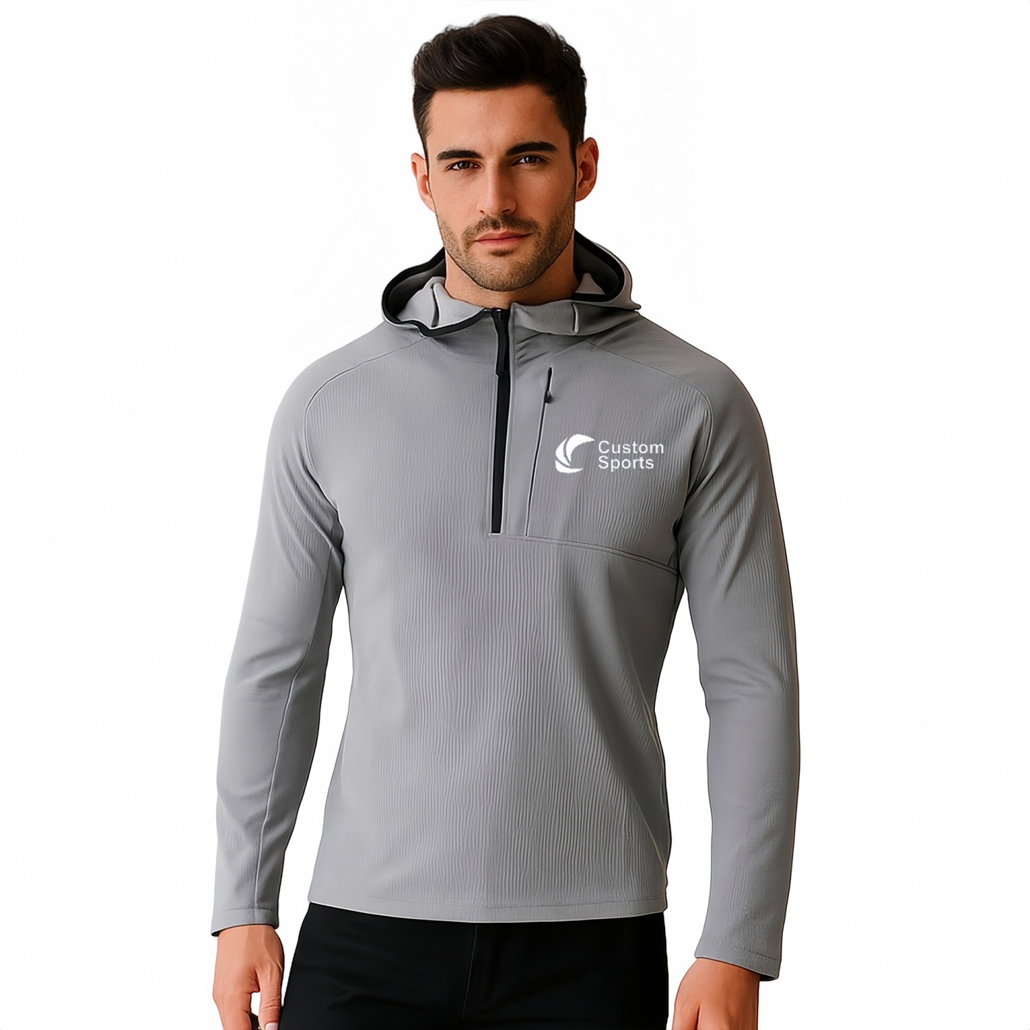 Polyester Spandex Stand-Up Collar Quarter-Zip Hoodie With Pocket