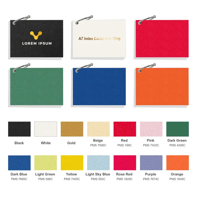 A7 Pearlescent Index Cards with Ring – Notepads – available in beige, black, blue, gold colours and 7 more