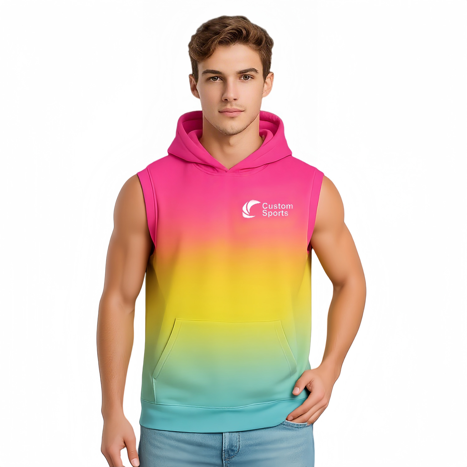 100% Polyester Micro Mesh Sublimated Sleeveless Hoodie With Pocket
