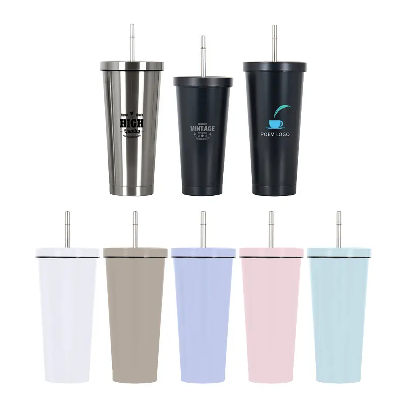 480ML/650ML Double Wall Stainless Steel Tumbler with Straw – Travel Mugs – available in black, blue, pink, purple colours and 2 more