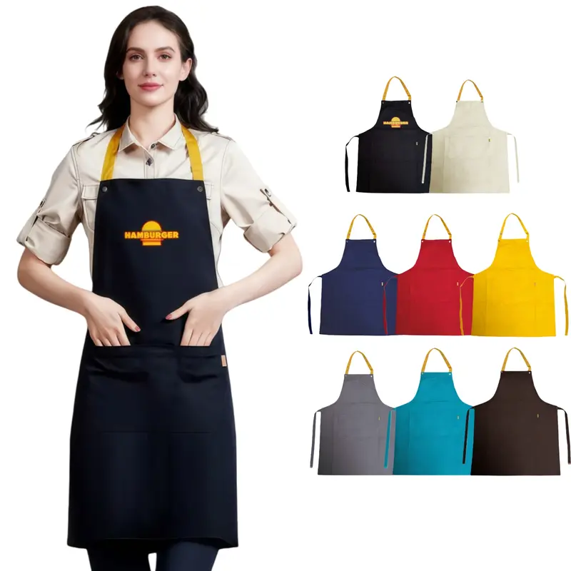 Poly-Cotton Canvas Full Bib Apron With Colour Neck Strap – Aprons – available in beige, black, blue, brown colours and 4 more