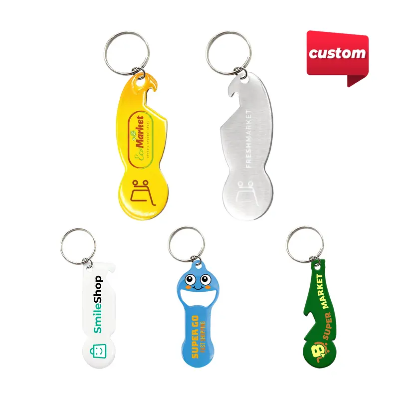 Custom Shape Trolley Coin Keyring Bottle Opener – Keyrings – available in gold, green, yellow colours