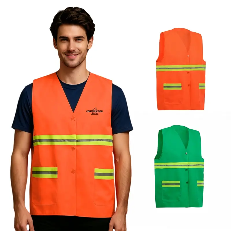 Hi-Vis Reflective Button-Down Safety Vest With Pockets – Roughalls & Overalls – available in green, orange colours