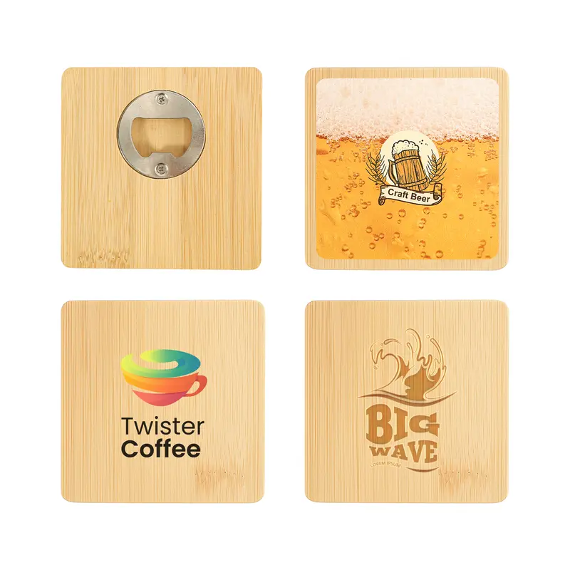 Square Bamboo Bottle Opener Coaster – Coasters – available in brown colour