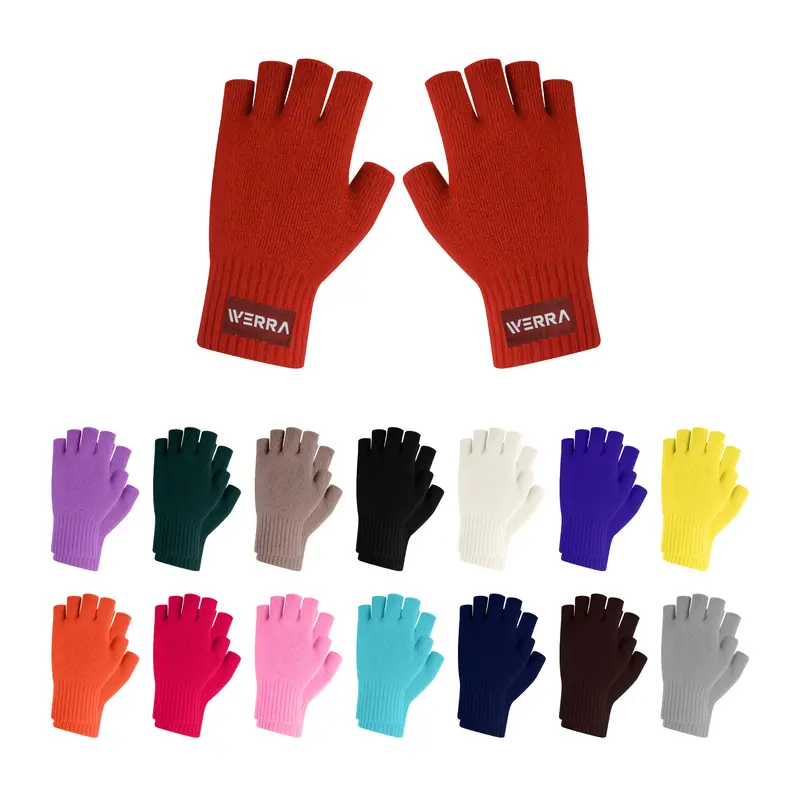 Kids Plain Knitted Fingerless Gloves with Woven Label – Accessories – available in beige, black, blue, brown colours and 8 more