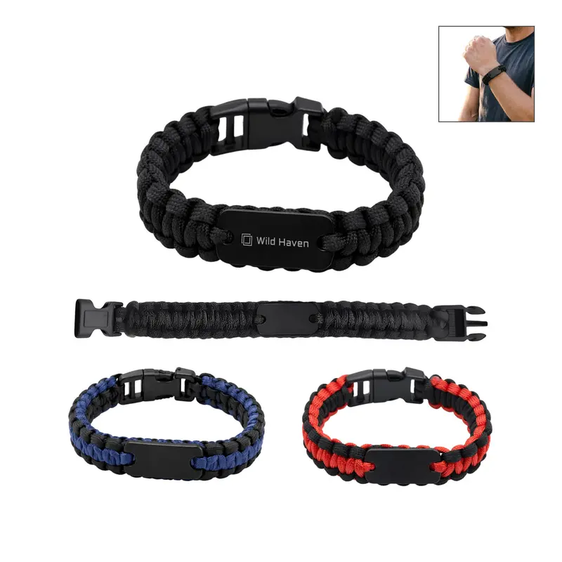 Paracord Bracelet with Metal Plate – Misc Outdoors – available in black, blue, red colours