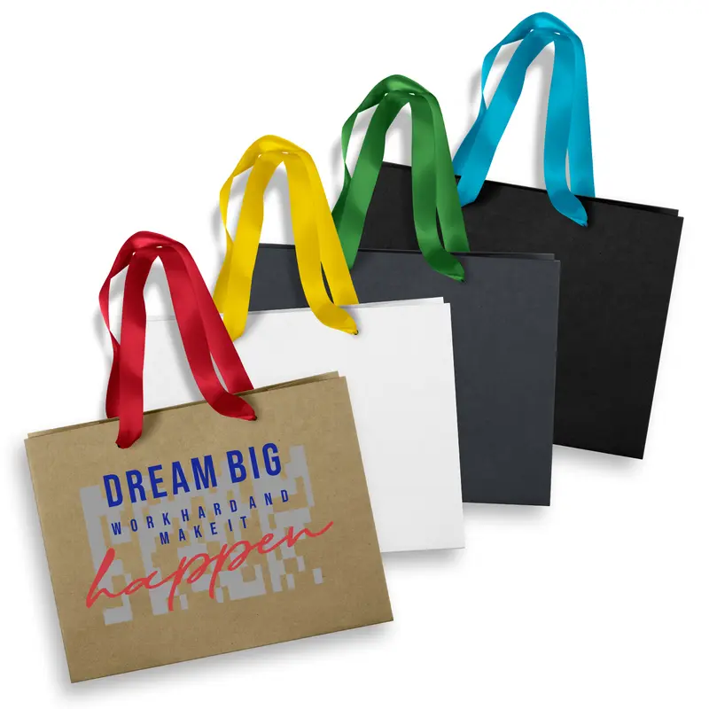 Medium Ribbon Handle Paper Bag – Paper Bags – available in beige, black, blue, white colours